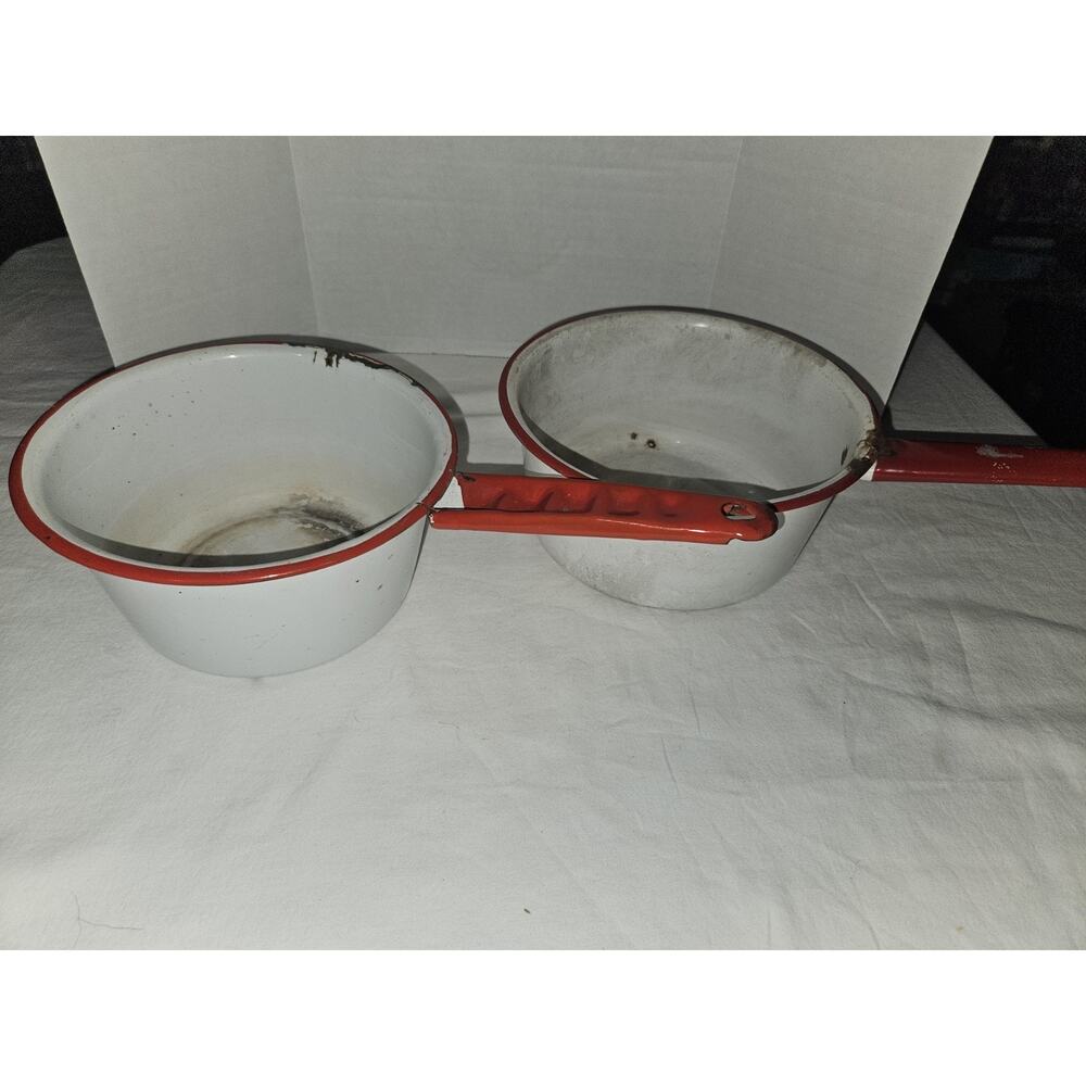 Vintage Set of 2 ENAMELWARE Red & White COOKING PANS
